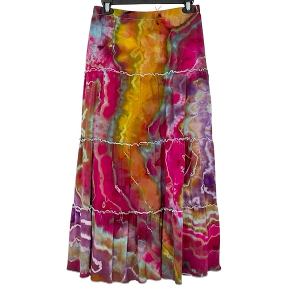 Handmade Geode Tie Dye Long Skirt Womens Size Small Colorful Midi Tiered Flare - Picture 1 of 10